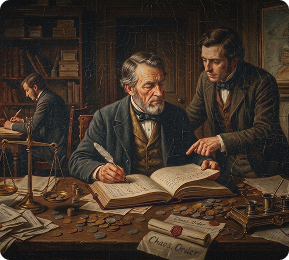 Engraving illustration of accountants at work