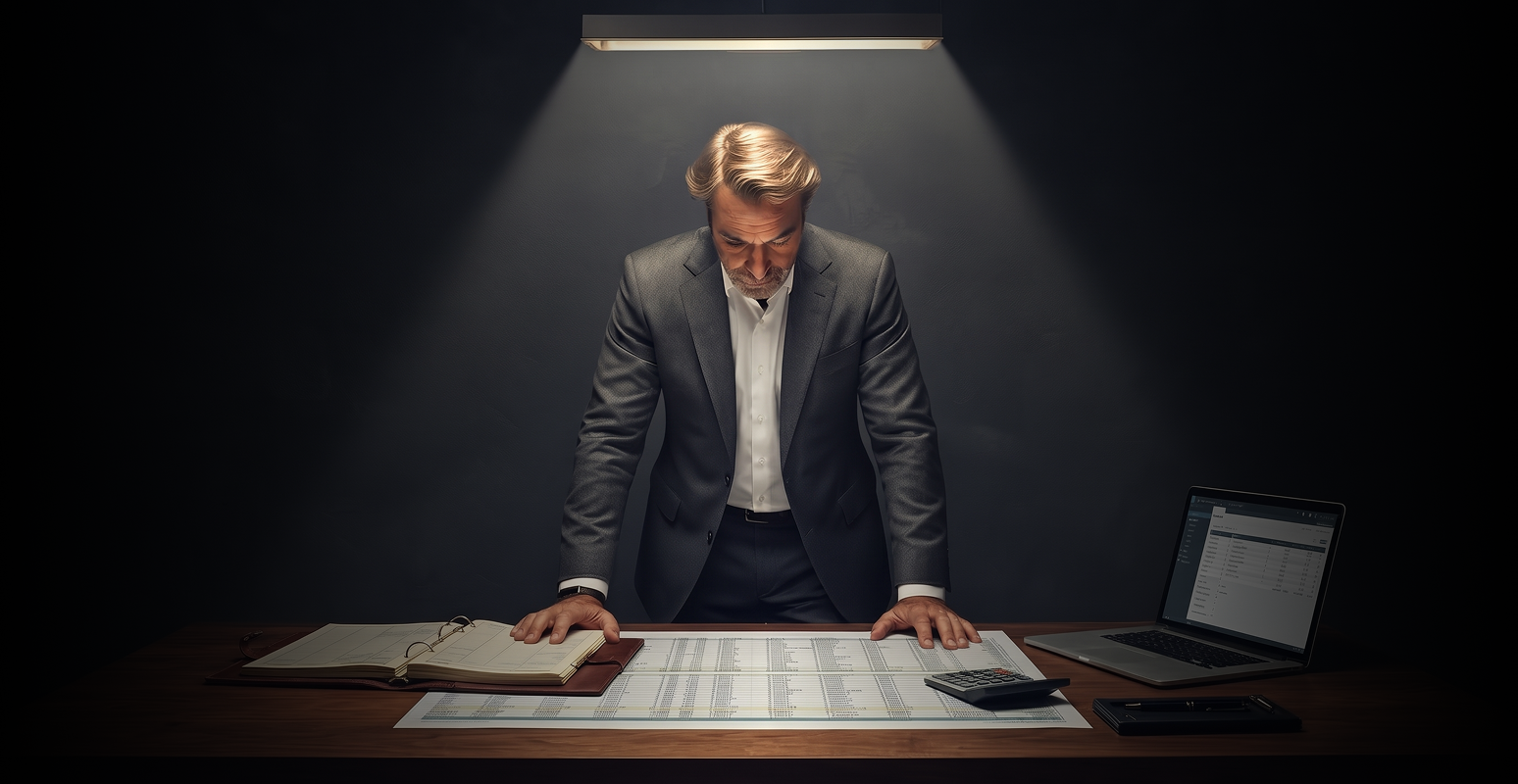 Man reviewing ledgers under a spotlight at a desk