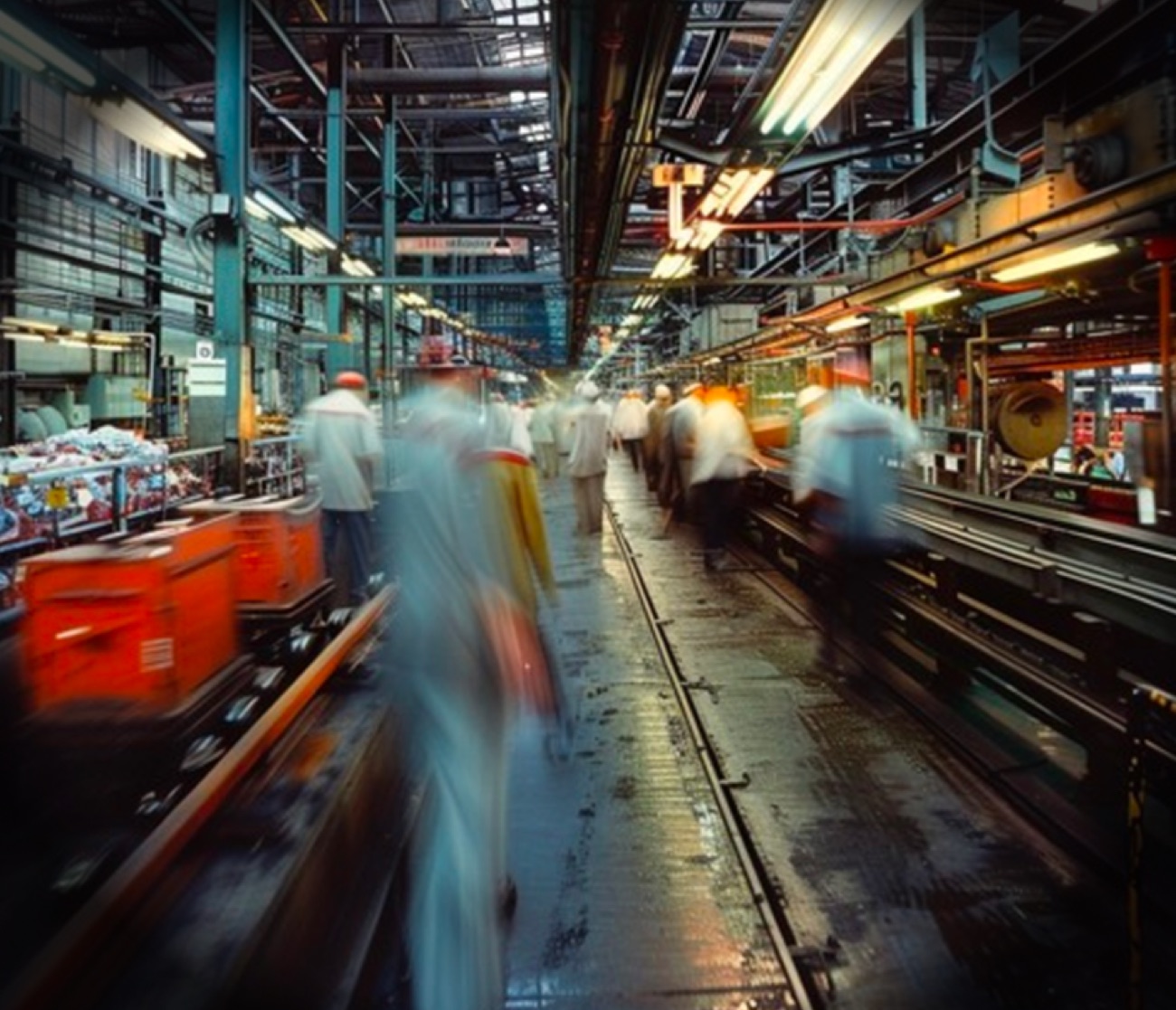 Workers moving along a factory production line