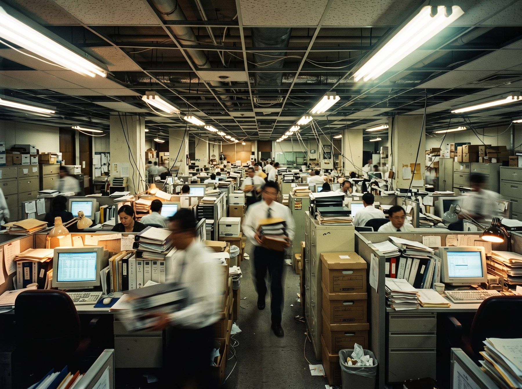 A crowded office, desks buried in paper files and ledgers
