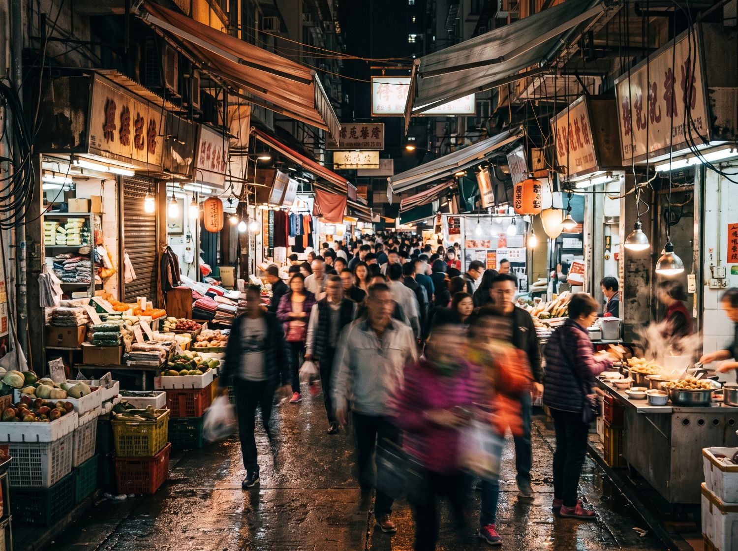A crowded night market, shoppers moving between busy stalls