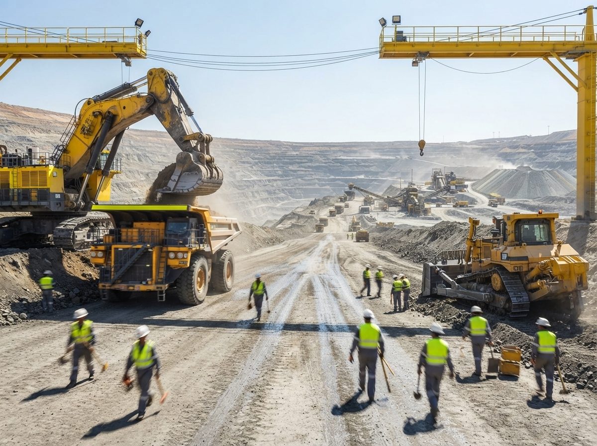 Yellow excavator, haul truck and workers at an open-cast mine