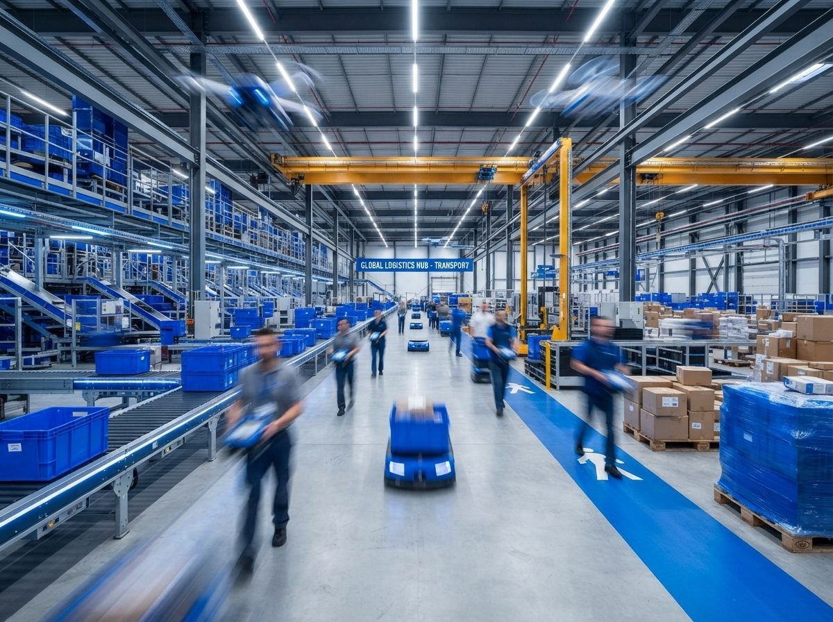 A busy logistics hub with blue crates and staff on the move